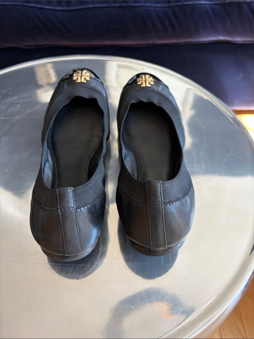 Tory Burch Black Ballet Flats with Gold Logo Cap
